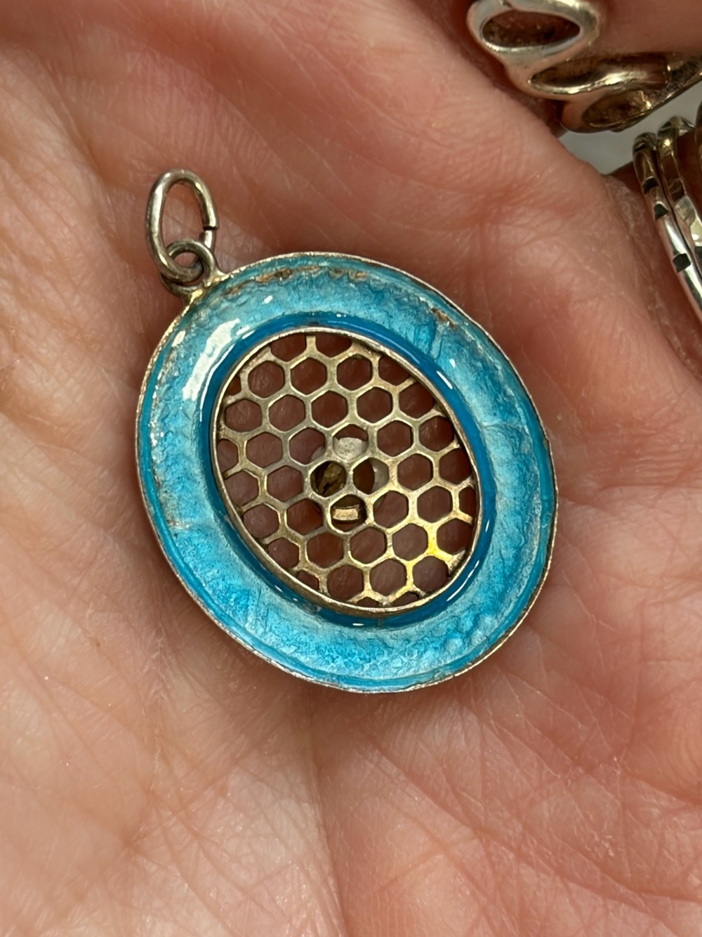 Art Deco Sterling Silver Light Blue Guilloche Enamel, Glass CabochonOval pendant - Picture 7 of 9